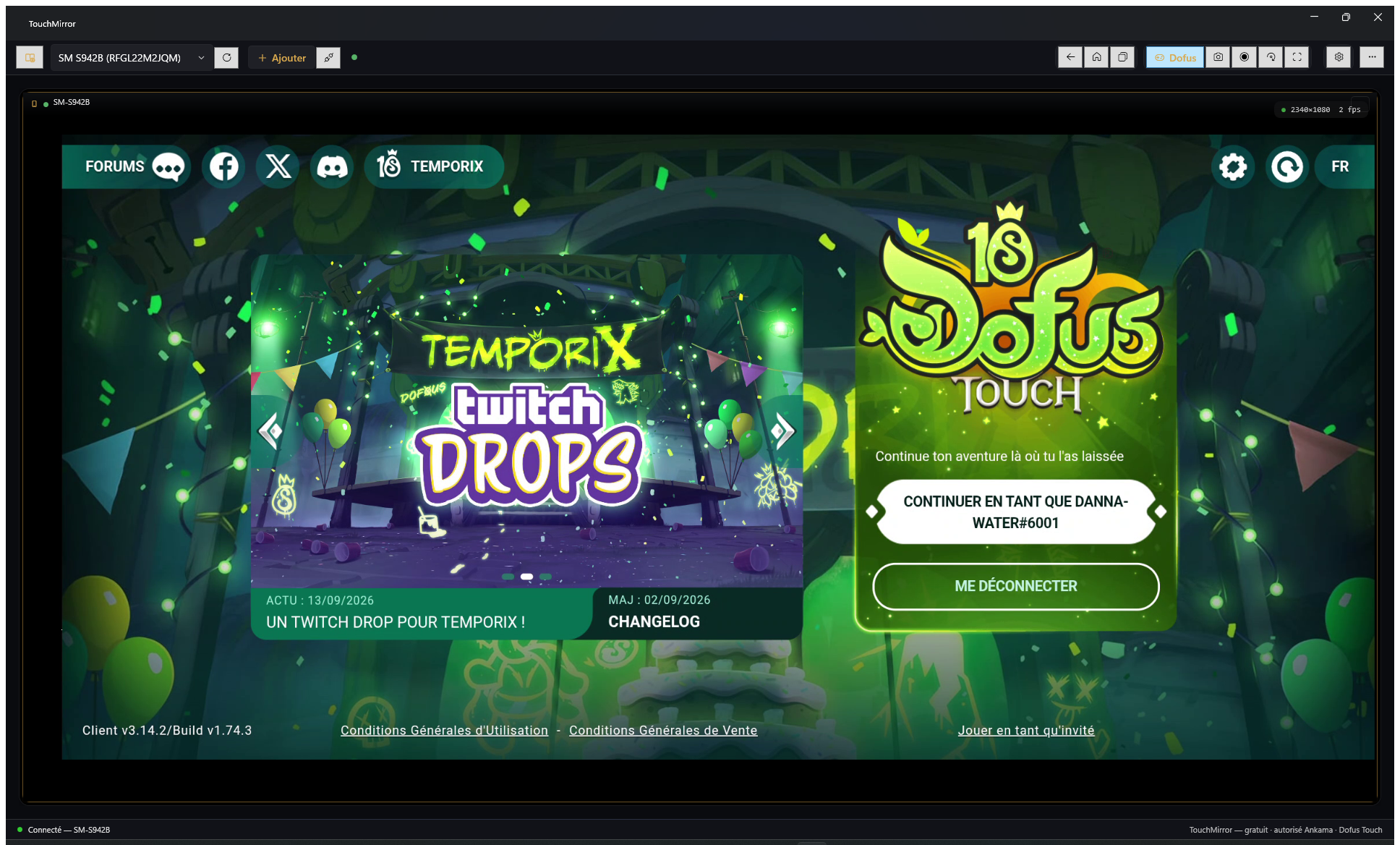 TouchMirror — Dofus Touch en cours de jeu sur PC